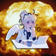 Mercy sighs exasperatedly while sitting in front of a laptop, coffee in hand, while an explosion goes off in the background.